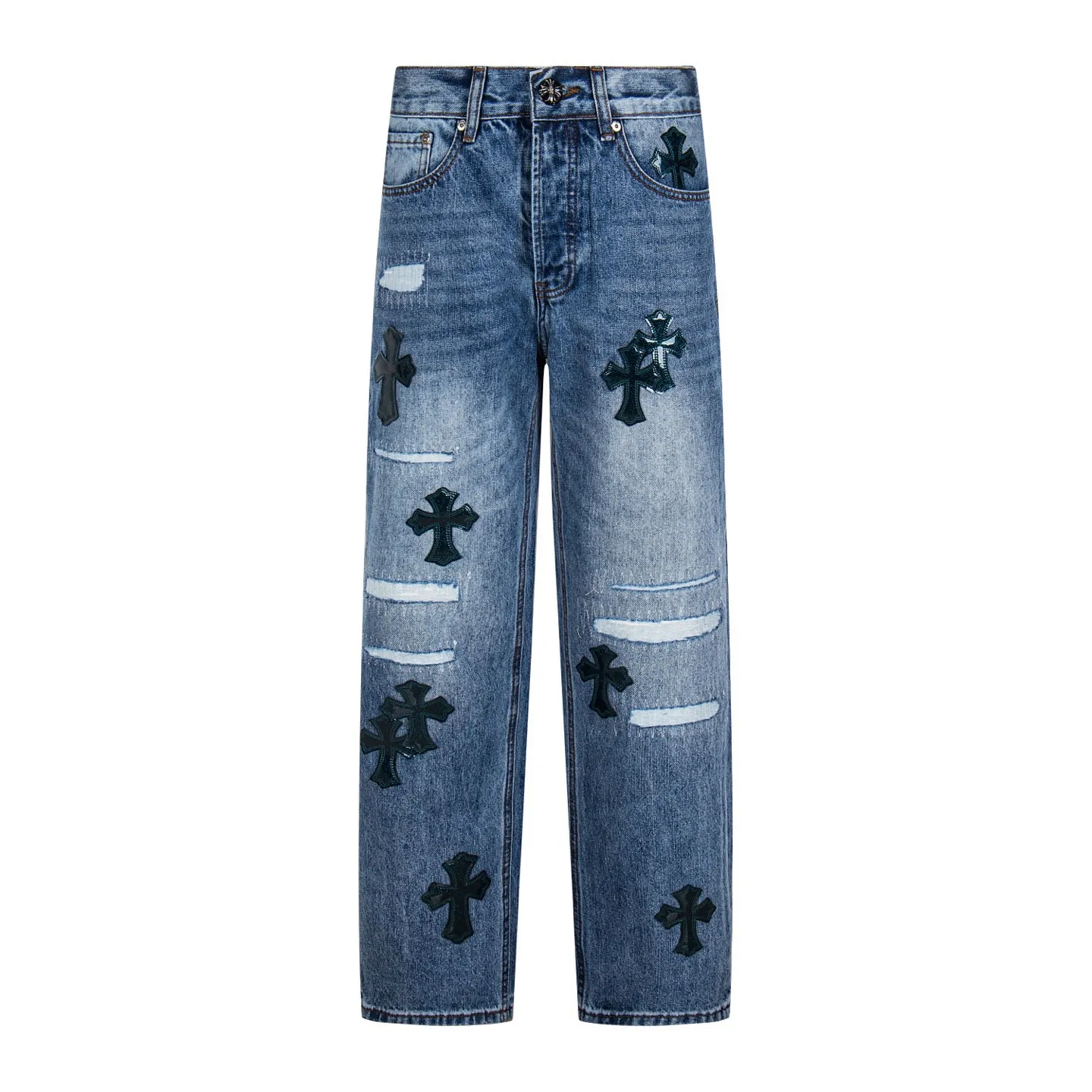 P260 high version (evergreen) Chrome Hearts/Chrome Hearts 25FW CH Blue Pants Starry Sky Hole Laminated Leather Cross Bamboo Jeans. It adopts starry sky theme patchwork elements, mostly presented in the shape of a cross, with glitter on the leather surface. Unique design. The details are in place, simple and elegant, and the workmanship is exquisite. The entire trousers are neatly routed and the details are in place! It’s also so cool that both men and women can easily control it. It’s a gender-neutral trendy up version. Style number: 1766# Color: blue Size: 28 30 32 34 36